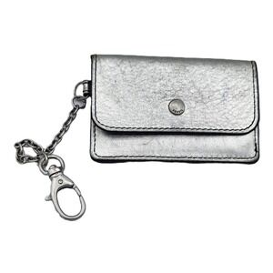 Fossil Valerie Leather Card Case Silver Metallic Keychain Clip